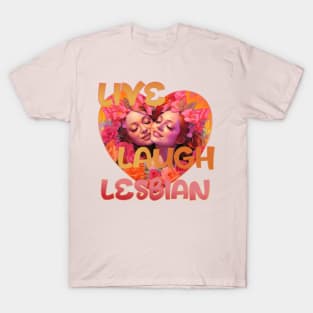 Live Love Lesbian Pink and Orange Heart Design T-Shirt